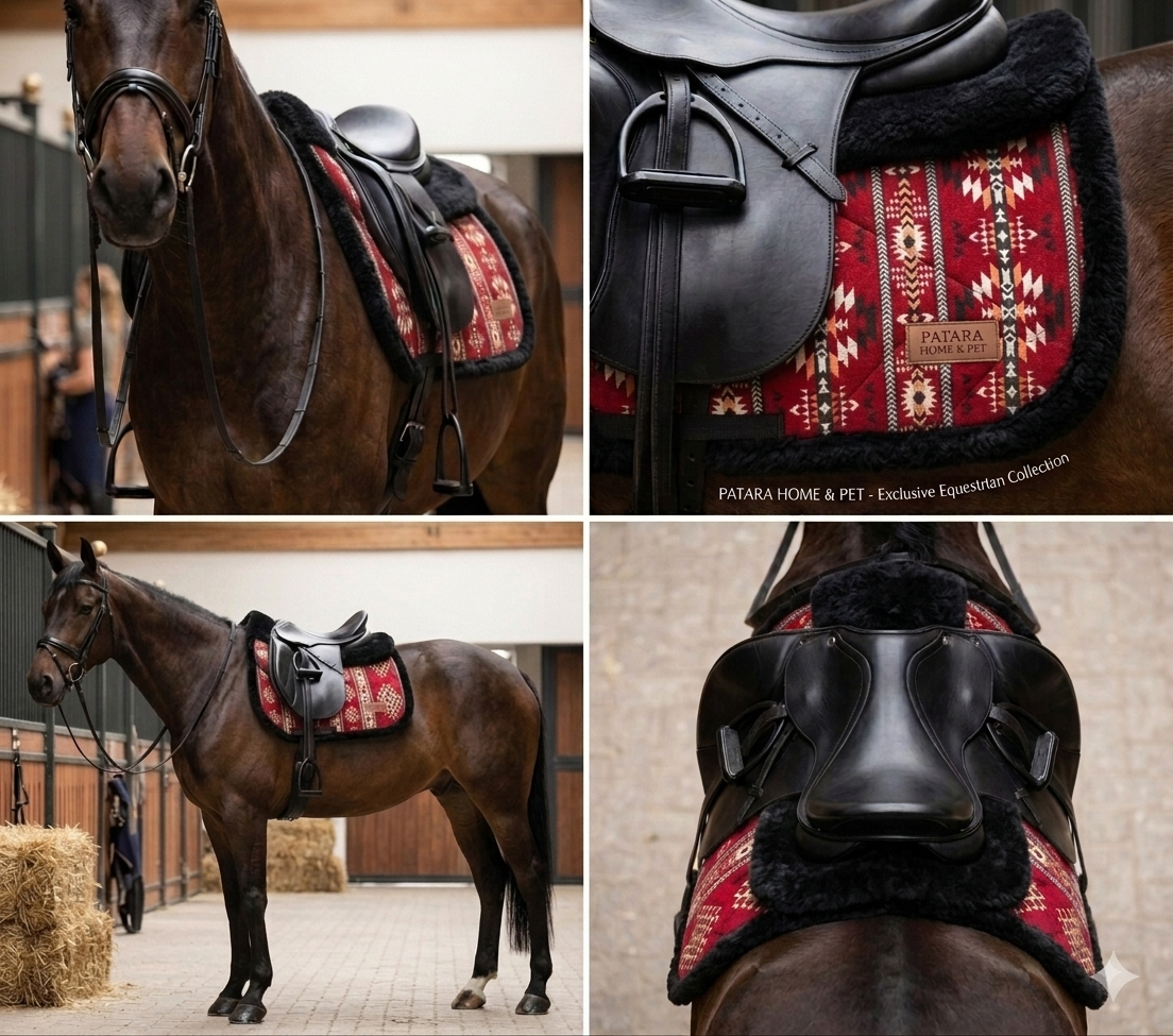 Patara Horse Etnik Desenli Kürklü Eyer Altı – Kırmızı Siyah